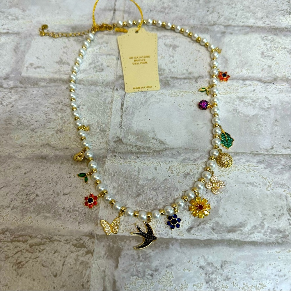 NWOT EYECANDY gold plated necklace floral bird butterfly faux pearl charms